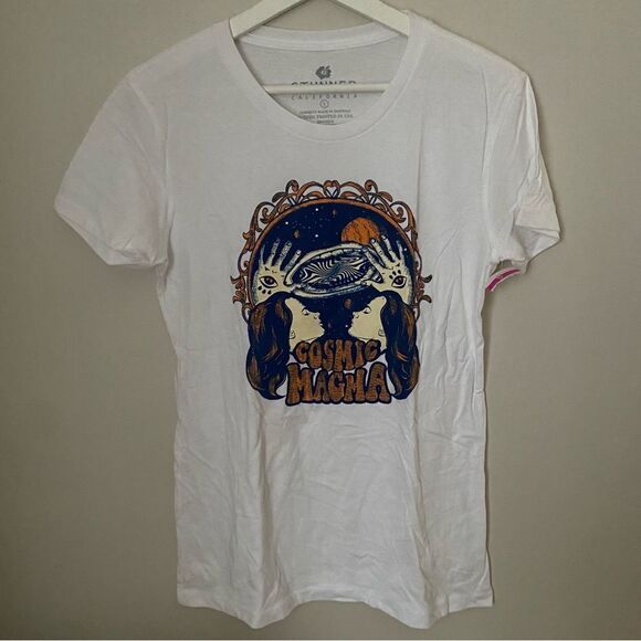 Stunner California T-Shirt White Graphic Cosmic Magma Casual Crew Neck - Picture 6 of 6